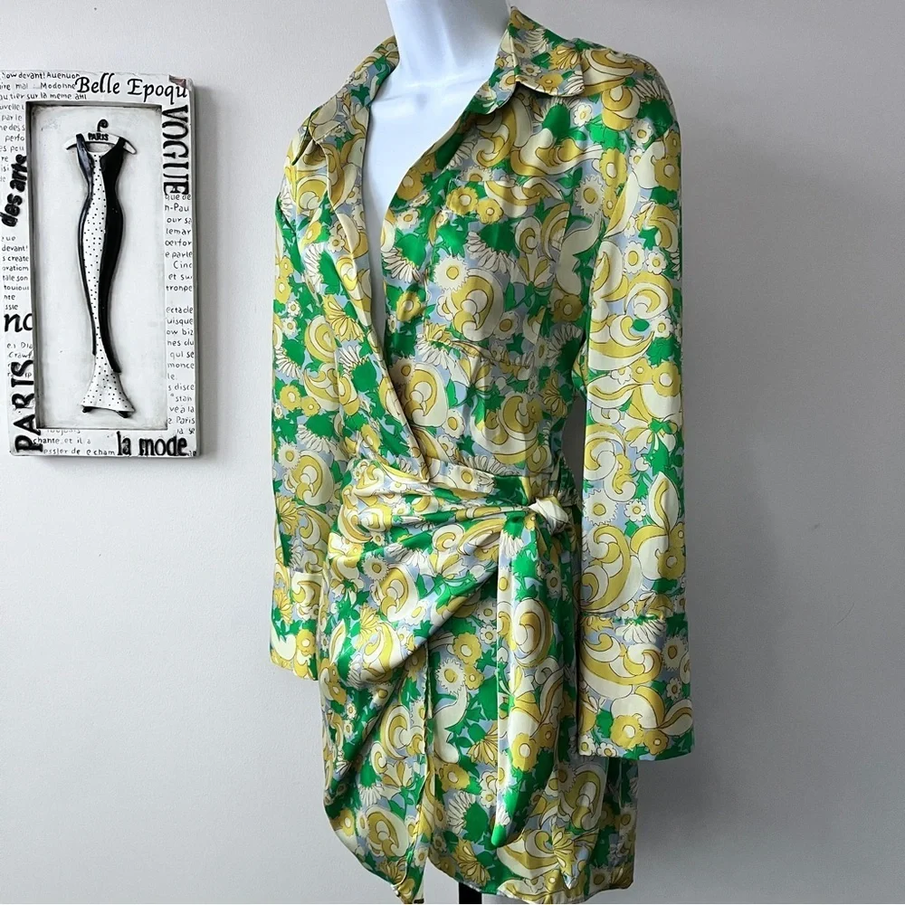 Zara Satin Wrap Yellow Green Floral Paisley Influencer  Baddie Mini Dress Size S
